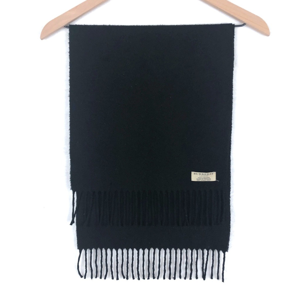 Burberry London Black 100% Cashmere Scarf Made in England Fringe Trim Luxury